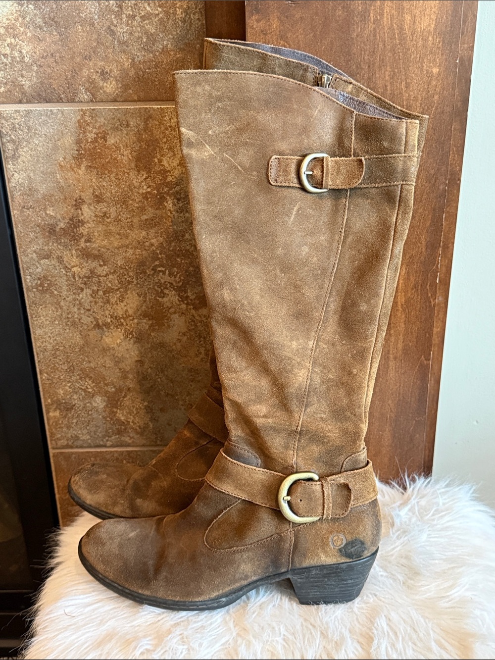 Born Brown Suede Tall Riding Boots Buckle Boho 10 Preppy Classic Heritage